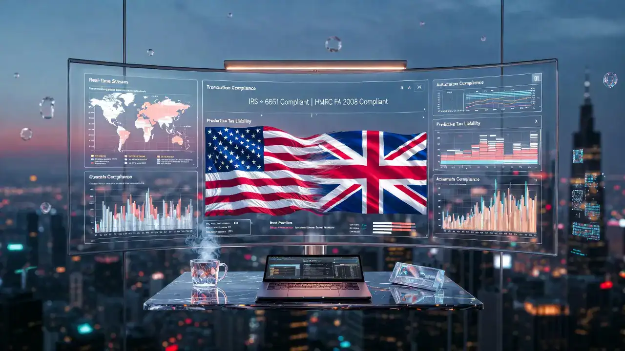 Agentic tax bots for USA and UK businesses in 2026 showing AI automation interface with IRS and HMRC compliance