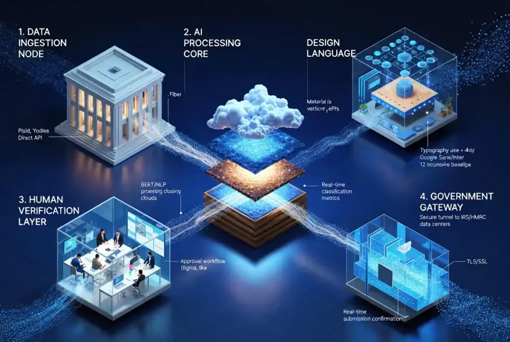 How agentic tax bots work diagram showing automated transaction monitoring to professional tax filing workflow