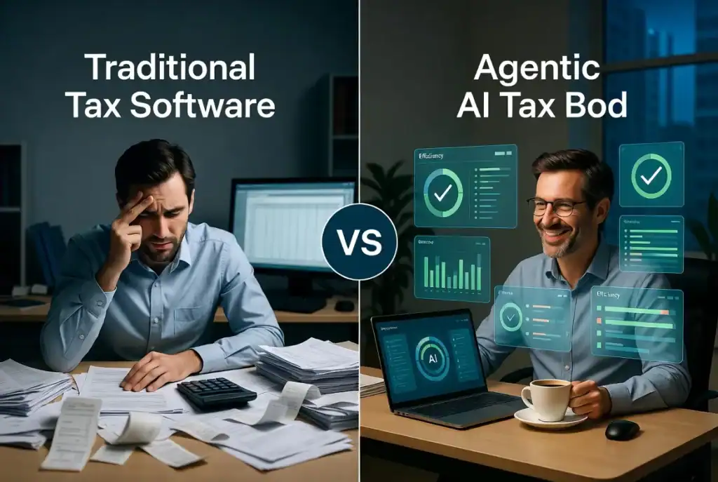 Comparison between traditional tax software manual entry and agentic AI tax bot automation for small businesses