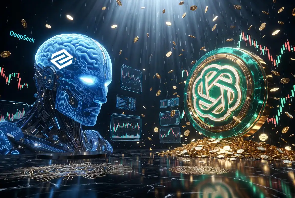 Futuristic AI and cryptocurrency digital mining scene with glowing robots and coins.