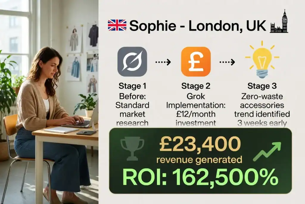 Sophie London case study showing 162,500% ROI from Grok trend forecasting for sustainable fashion