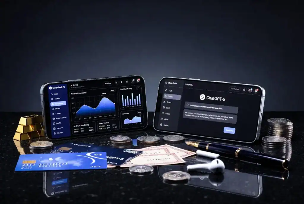 Mobile devices showcasing AI trading apps and cryptocurrency; coins, cash, and credit cards in foreground.