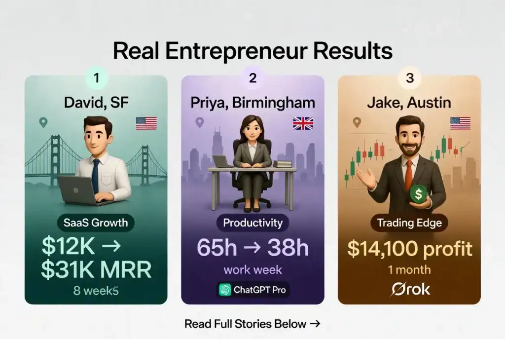 Three entrepreneur success stories from USA and UK showing ChatGPT-5 and Grok ROI results