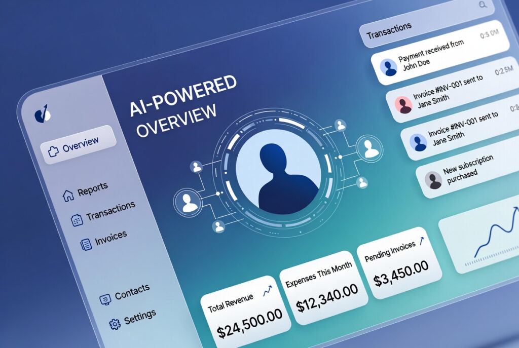 AI bookkeeping dashboard showing automated transaction categorization and real-time financial reporting for a small business in 2026