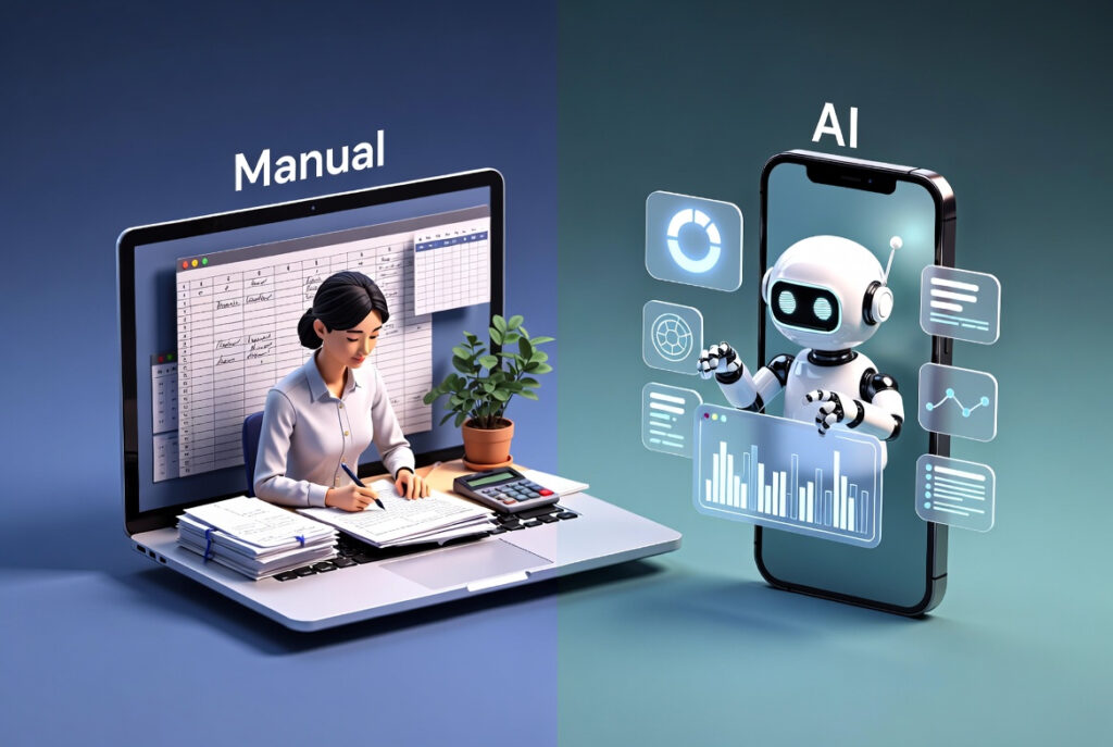 Diagram comparing traditional manual bookkeeping steps versus automated AI accounting workflow for small business in 2026