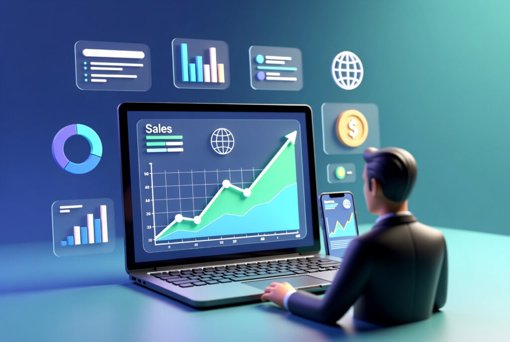 Business owner reviewing AI-generated financial reports and accounting summaries on a laptop in 2026