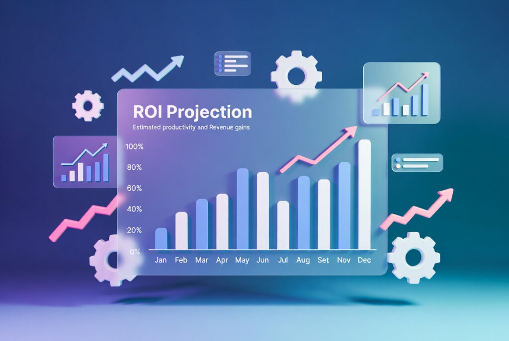 ROI projection chart showing estimated productivity and revenue gains for small businesses implementing AI-powered CRM platforms over 12 months