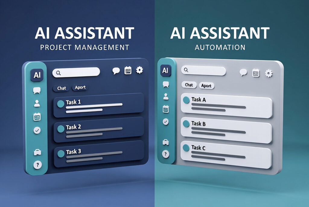 Comparison of AI project management tool interfaces including Monday.com, Asana, ClickUp, and Wrike showing AI features and dashboard views