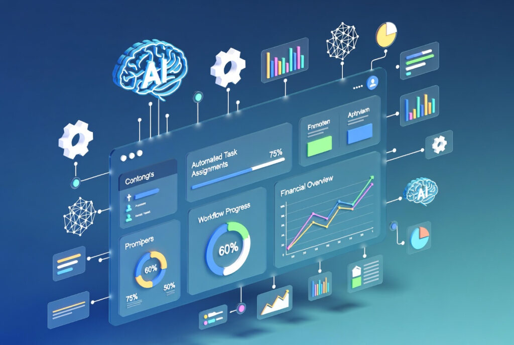 AI project management dashboard displaying task automation, resource allocation, and workflow progress tracking