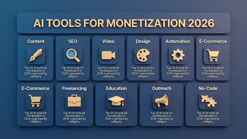 "Top 50 AI tools for monetization in 2026 organized by category