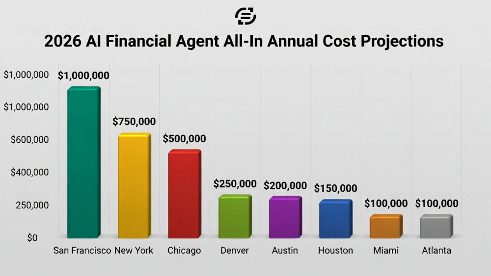 ai-agent-total-cost-comparison-us-cities-2026.jpg ALT: Bar chart comparing AI financial agent all-in annual costs across San Francisco, New York, Chicago, Denver, Austin, Houston, Miami, and Atlanta 